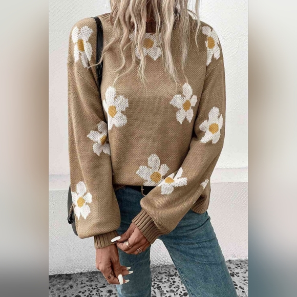 Daisy Flower Knit Minimalist Pullover Classic Long Sleeve Sweater Retro Shirt - Picture 7 of 7